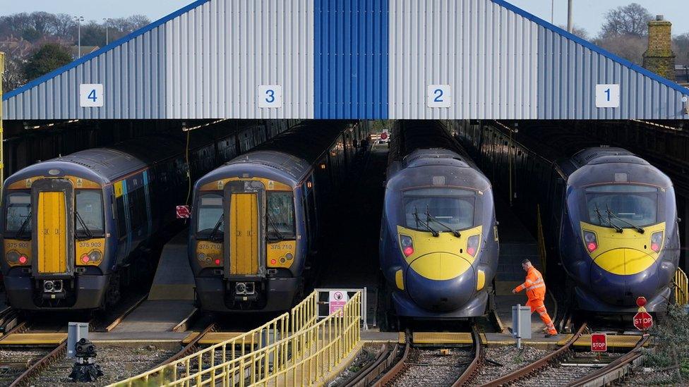 Trains in a train shed