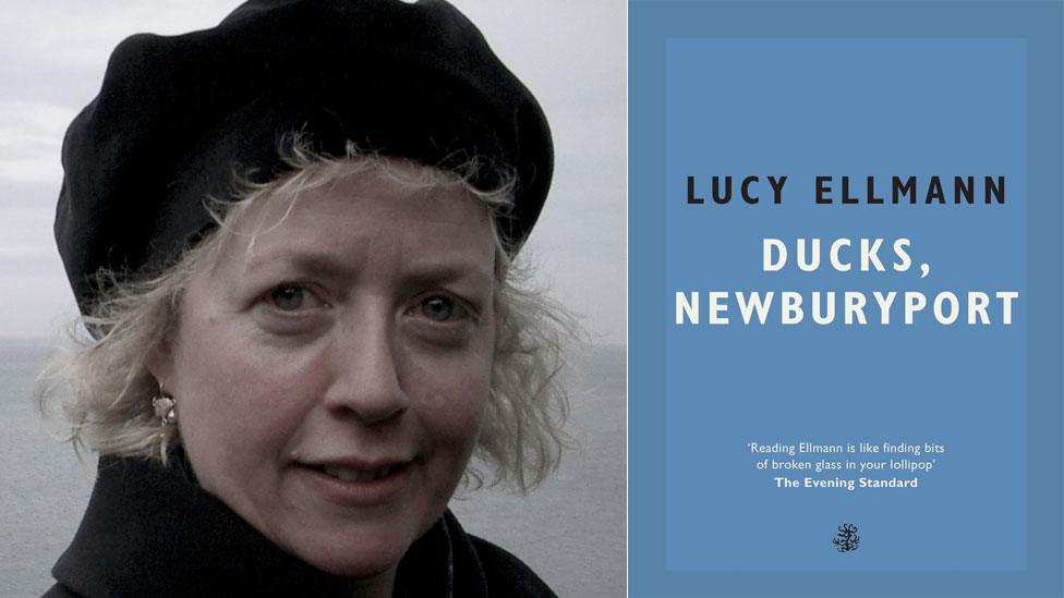 Lucy Ellmann and the book jacket for Ducks, Newburyport