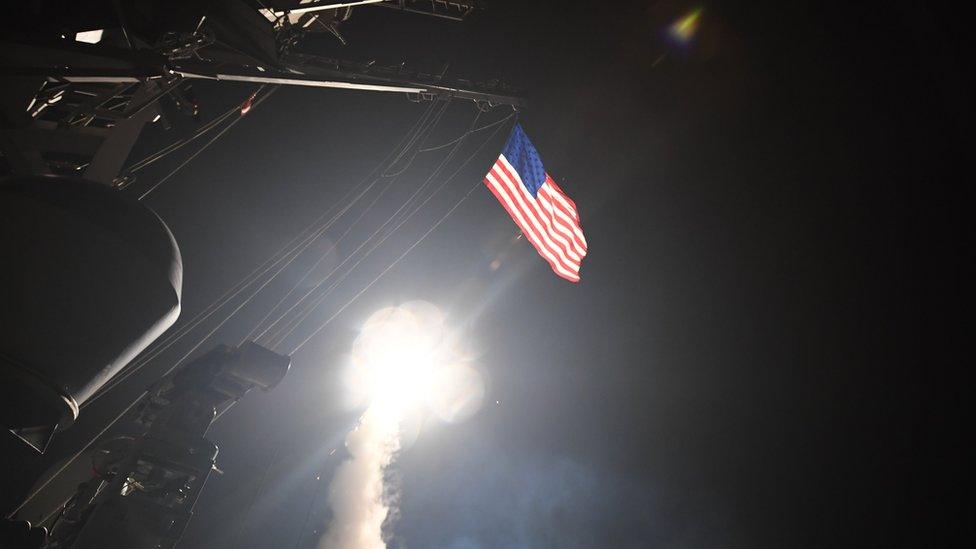 The guided-missile destroyer USS Porter fires a Tomahawk missile on 7 April 2017 in the Mediterranean Sea