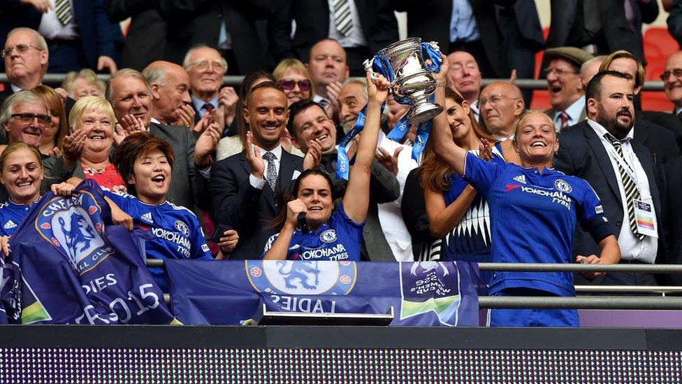 Chelsea's Claire Rafferty (centre) and Katie Champman (right) celebrate with the trophy