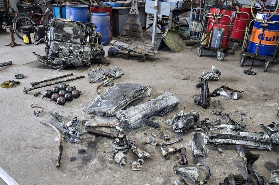 Debris from the wreck of a World War II era fighter plane that was found by Daniel Rom and Klaus Kristensen yesterday, sits in a building near Birkelse by Aabybro in Northern Jutland, Demark, 07 March 2017.