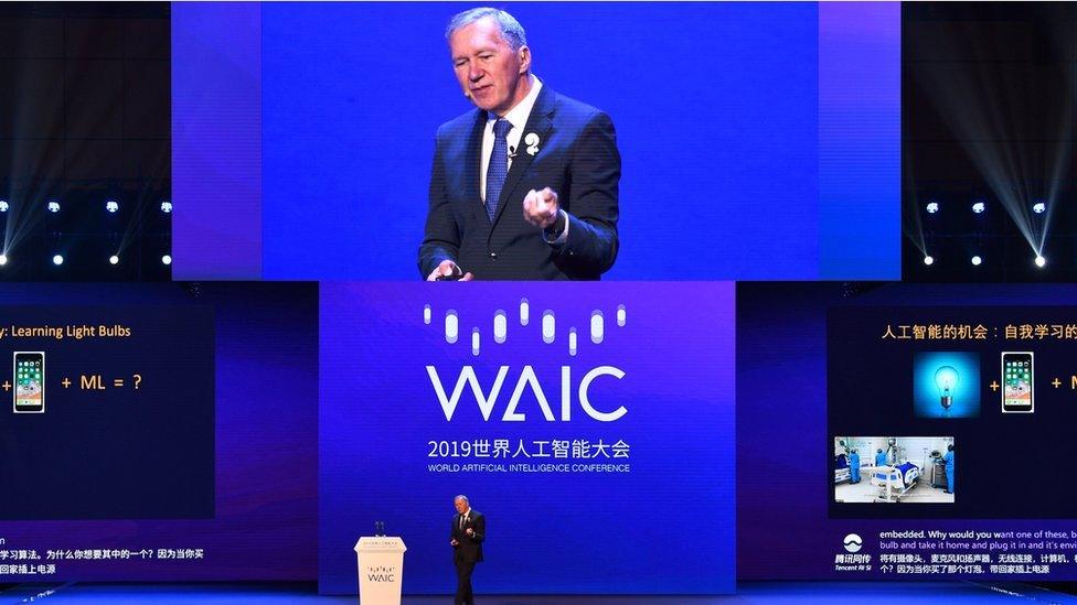 Tom Mitchell, dean of the school of computer science at Carnegie Mellon University in the US, speaks during the opening ceremony of the World Artificial Intelligence Conference (WAIC) in Shanghai on August 29, 2019.