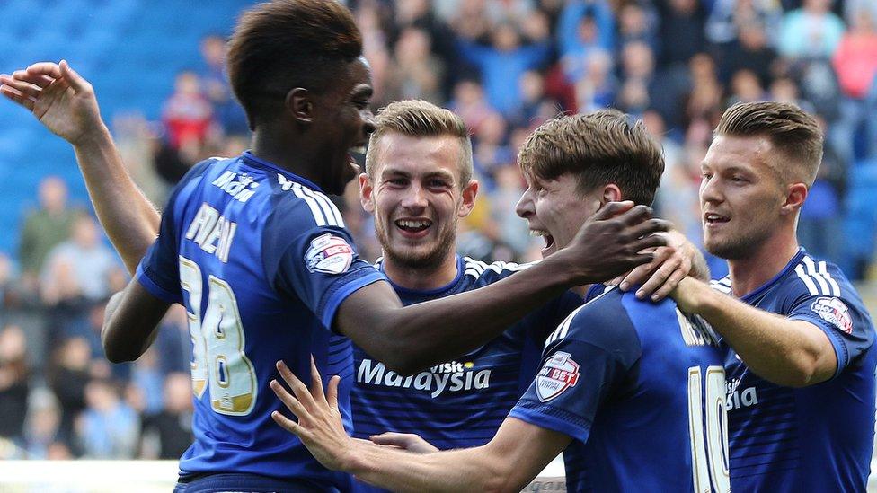 Cardiff City celebrate Joe Mason's second goal against Huddersfield