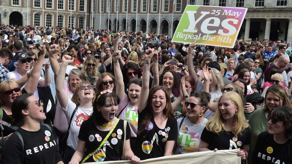 Yes voters celebrate as the result of the Irish referendum on the 8th amendment, concerning the country's abortion laws, is declared at Dublin Castle