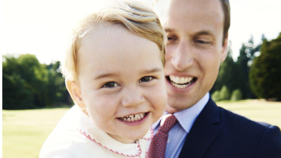 Prince George, on his second birthday with his father, the Duke of Cambridge