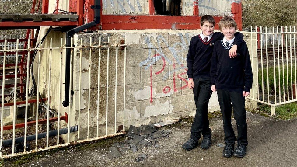 Harry (left) and Oliver at the Orton Mere signal box