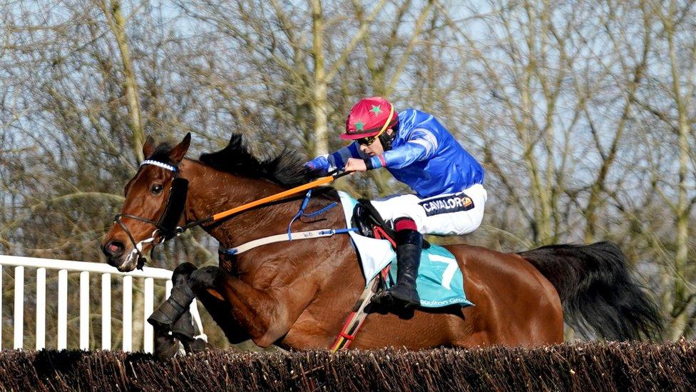 Screaming Colours ridden by jockey Conor Orr on their way to winning the Boulton Group Midlands Grand National at Uttoxeter Racecourse,