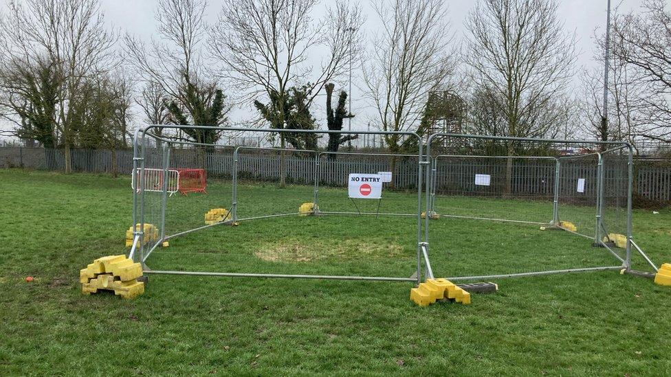 The site of a previous bubble pit is still cordoned-off, although the liquid has sunk