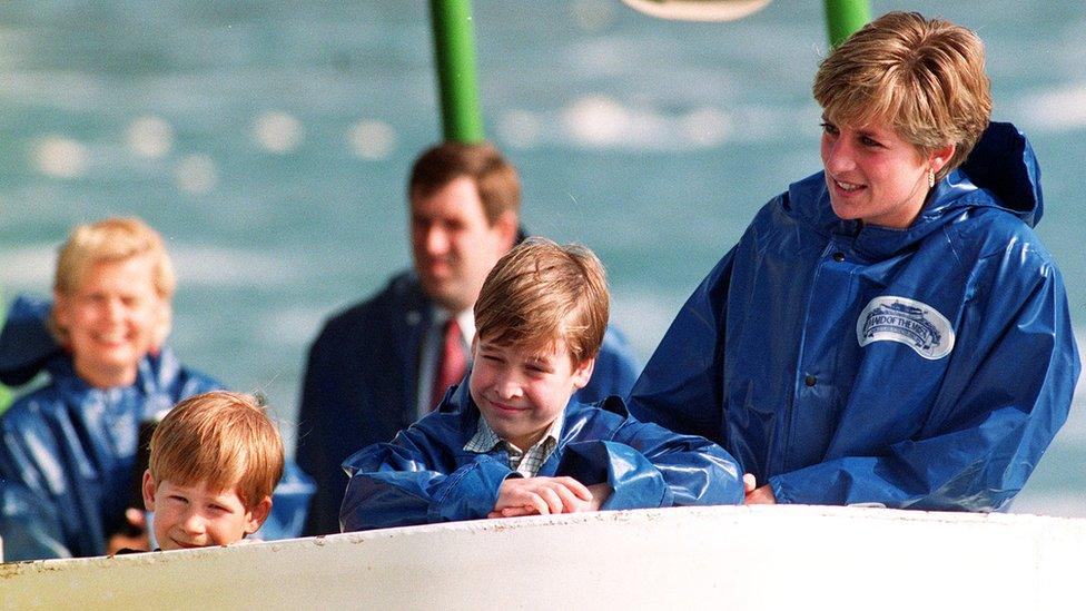 Diana, Princess of Wales with her children, Prince William, 9, and Prince Harry, 7, on board the Maid of Mist at Niagara Falls on the US / Canada border