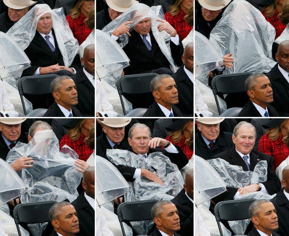 This sequence of pictures shows former U.S. President George W. Bush using a plastic sheet to deal with the rain near outgoing President Barack Obama (L) during the inauguration ceremonies swearing in Donald Trump as the 45th president of the United States on the West front of the U.S. Capitol in Washington, U.S., January 20, 2017.