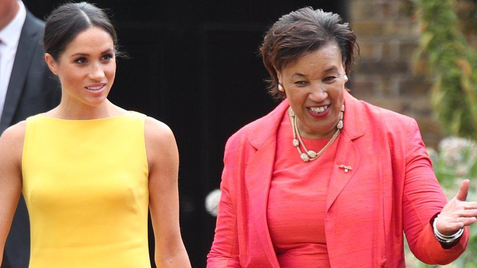 Duchess of Sussex and Baroness Scotland at the Your Commonwealth Youth Challenge reception in London - 5 July 2018