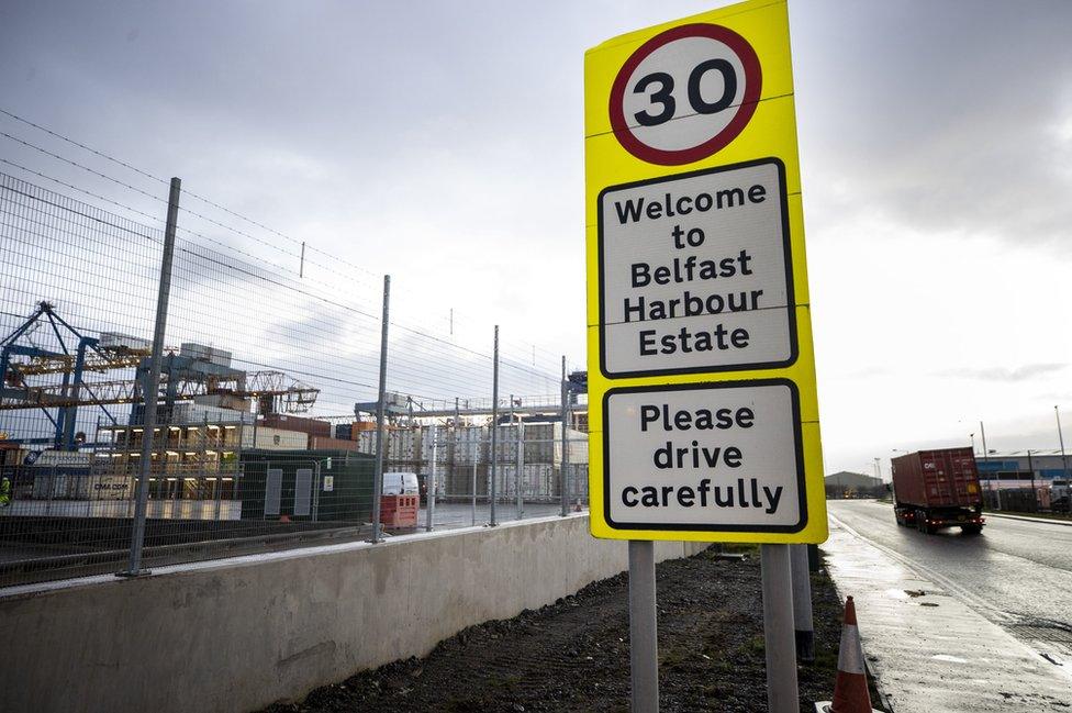 A roadside sign that reads: Welcome to Belfast Harbour Estate