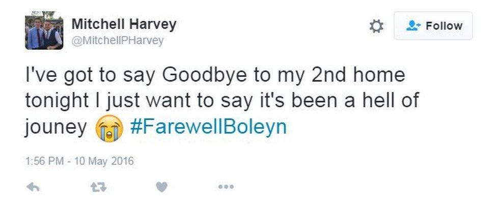 Twitter: I've got to say Goodbye to my 2nd home tonight I just want to say it's been a hell of jouney #FarewellBoleyn