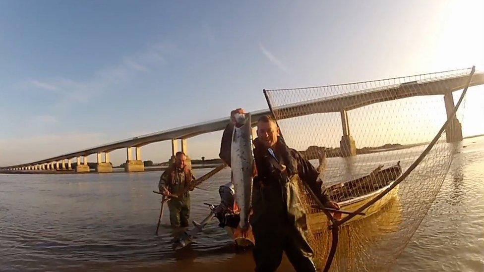 Fisherman with a salmon beneath Severn bridge