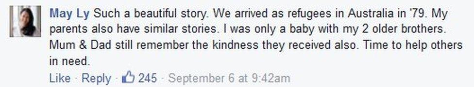 Facebook replies to Tat Wa Lay on his post on migrants: "Such a beautiful story. We arrived as refugees in Australia in '79. My parents also have similar stories. I was only a baby with my 2 older brothers. Mum & Dad still remember the kindness they received also. Time to help others in need."