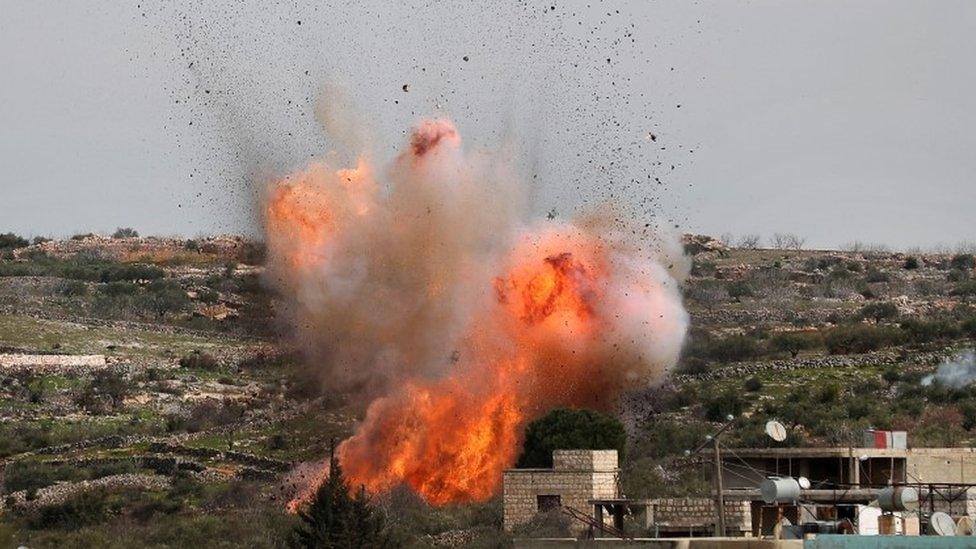 An explosion following what is believed to have been a Russian air strike in Idlib, Syria. Photo: 5 March 2020