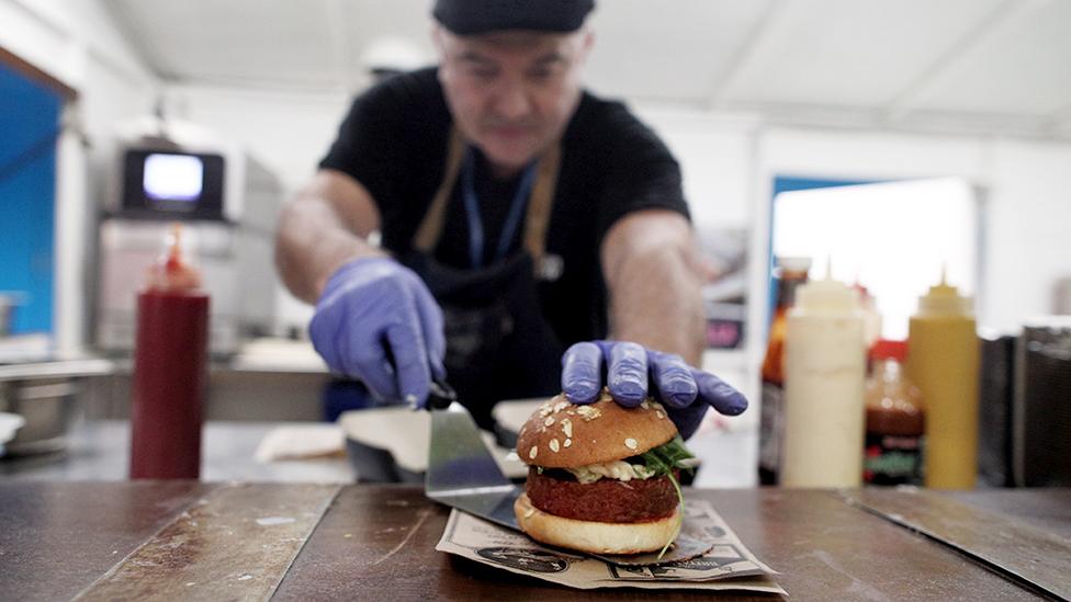 A Beyond Meat burger is prepared at COP25 in Madrid, Spain, in 2019