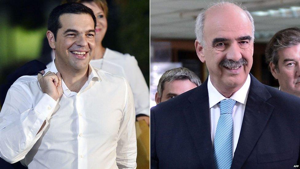 Greek politicians Alexis Tsipras and Vangelis Meimarakis arrive for a TV debate