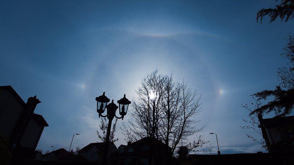 22 degree halo with twin 22 degree Sun Dogs (spots) on either side. The 'tail' extending outward from the Sundogs is known as a Parhelic Circle. The UTA here is more pronounced. This was also observed over Cookstown during lockdown last month