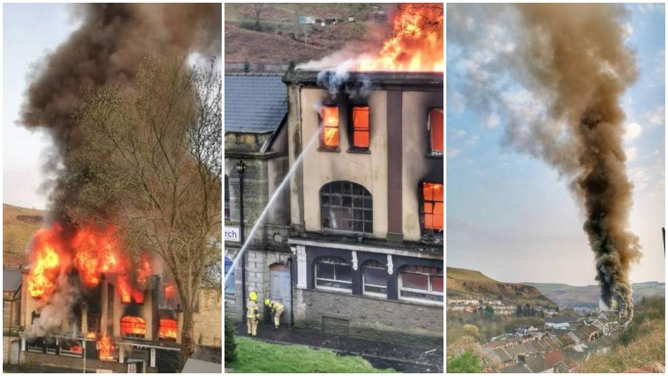 Three photos showing the fire scene