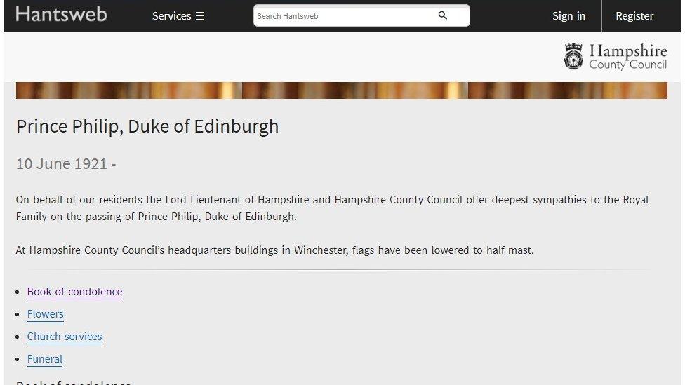 A screen shot of Hampshire County Council's website