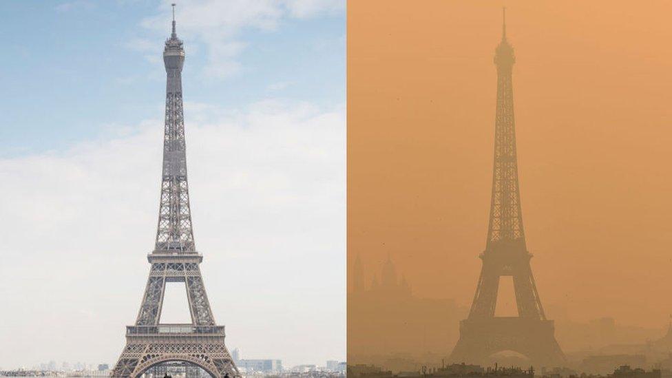 Paris Eiffel tower under lockdown vs with air pollution