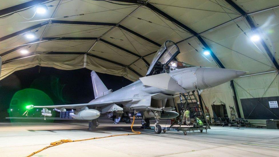 An RAF Typhoon pictured back at its base in Cyprus after launching strikes on Yemen's Houthi rebels