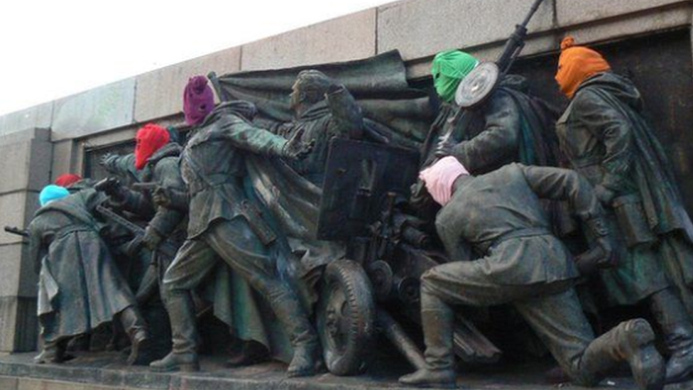 Pussy Riot balaclavas on Sofia Soviet Army monument, 2013