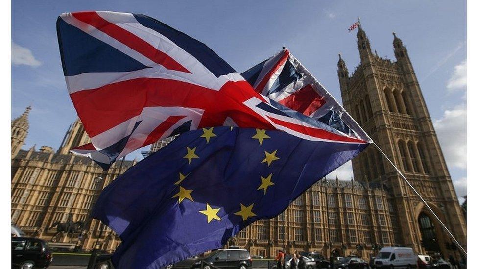 Union flag and EU flag outside the House of Parliament