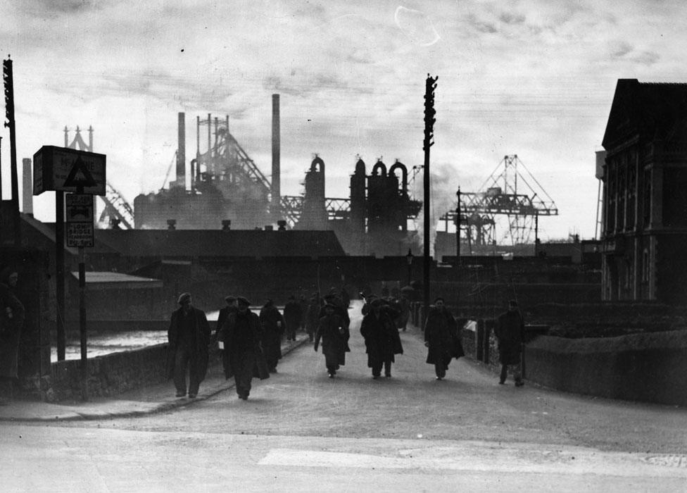 Workers leaving the shift in Port Talbot in 1949