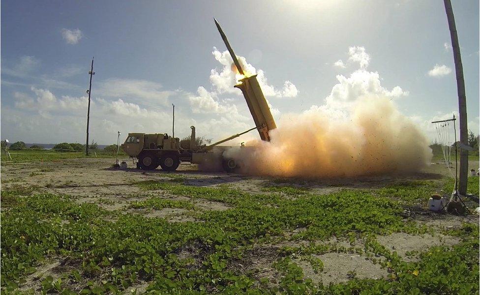 This handout photo taken on November 1, 2015 and received by the US Department of Defense/Missile Defense Agency shows a terminal High Altitude Area Defense (THAAD) interceptor being launched from a THAAD battery.