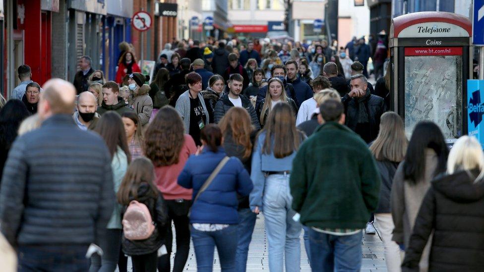 Footfall was heavy in parts of Belfast city centre on Sunday, days ahead of a two-week lockdown