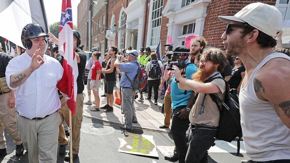 Hundreds of white nationalists, neo-Nazis and members of the "alt-right" are confronted by protesters in Charlottesville - 13 August