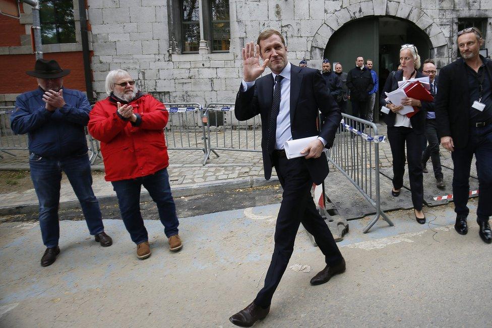 Walloon Minister President Paul Magnette (C) leaving the Walloon parliament in Namur, Belgium, 21 October 2016