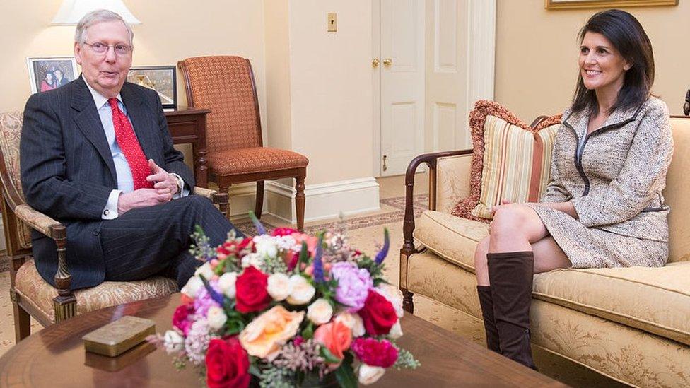 Nikki Haley and Mitch McConnell at the Capitol on 8 December 2016