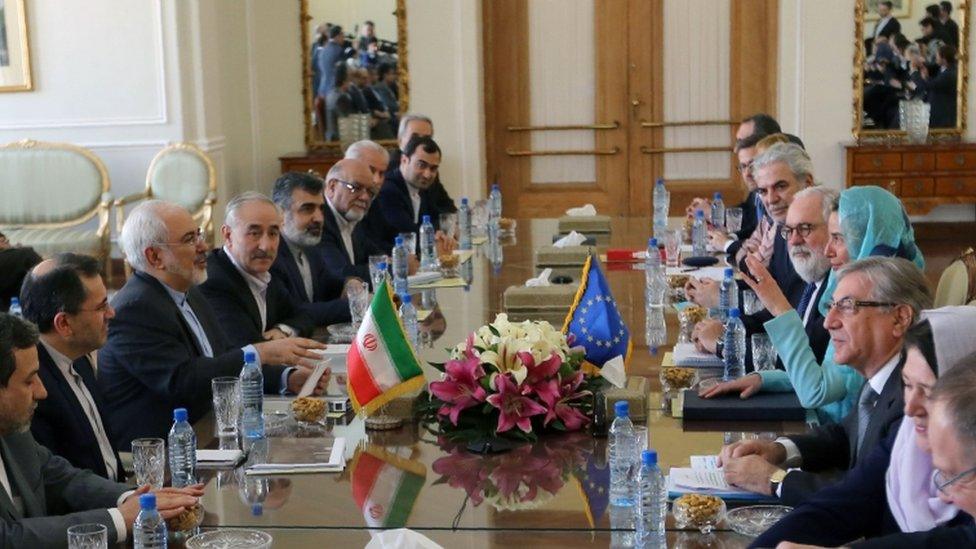 Mohammad Javad Zarif (3rdL) meets with European Union High Representative for Foreign Affairs Federica Mogherini (3rdR) and her delegation on 16 April in Tehran