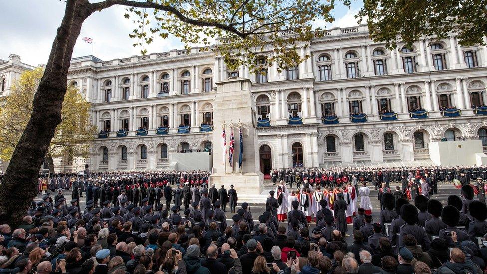 Prince of Wales, senior politicians - including Prime Minister Theresa May - and representatives from the armed forces gathered around the Cenotaph in London to pay their respects in 2017.