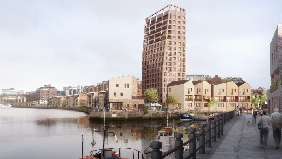 An artist's impression showing the 18-storey tower on the quayside