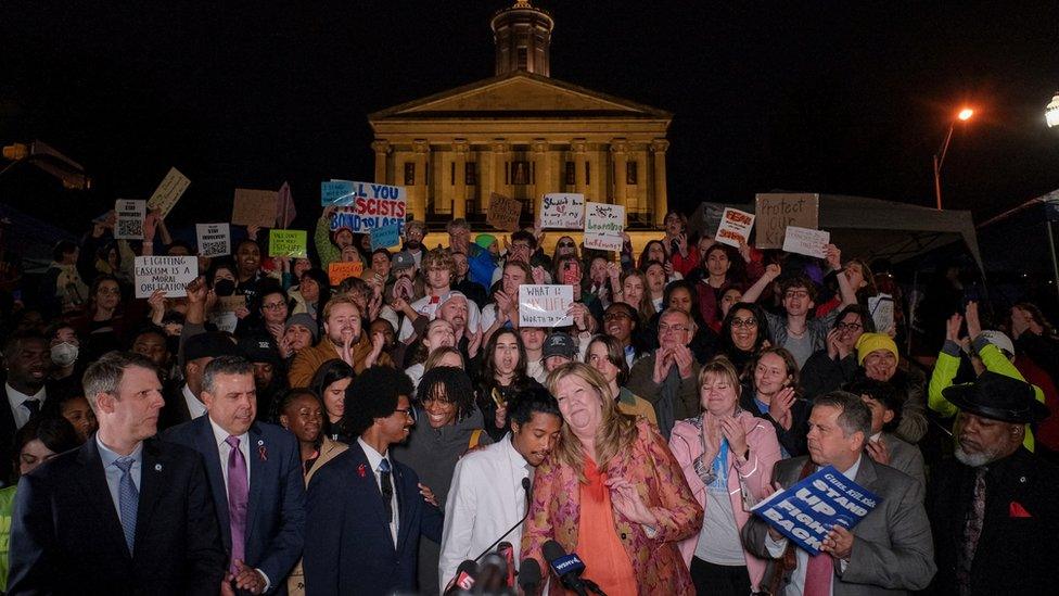 Justin Pearson, Justin Jones and Gloria Johnson at a news conference in front of the State Capitol in Nashville, Tennessee