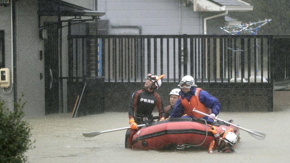 A residential area is flooded in Ise, Mie Prefecture, central Japan, ahead of the arrival of Typhoon Hagibis.