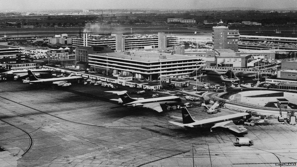 BOAC aircraft in the central area at London's Heathrow airport, 1972