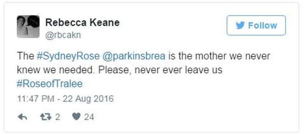 Tweet: "The #SydneyRose @parkinsbrea is the mother we never knew we needed. Please, never ever leave us #RoseofTralee