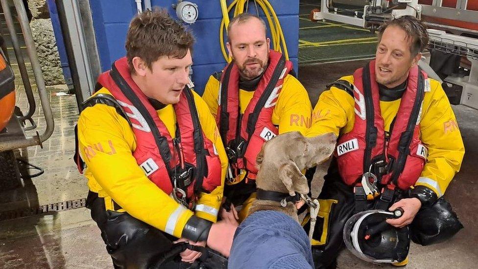 A lifeboat crew with a rescued dog