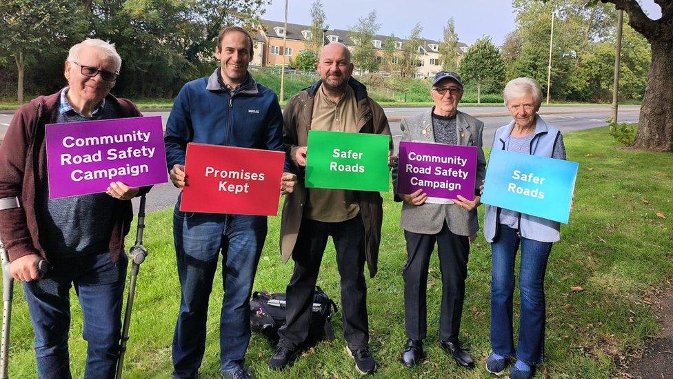 Terry Ledbury, councillor Keiran Casey, councillor Karl Denning, Gordon Laird and Veronica Petford calling for a new crossing