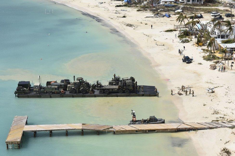 The Royal Navy landing ship RFA Mounts Bay delivering disaster relief to Anguilla on 7 September 2017