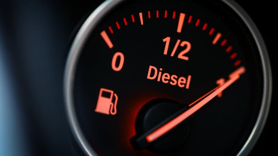 A close-up shot of a fuel gauge in a diesel car.