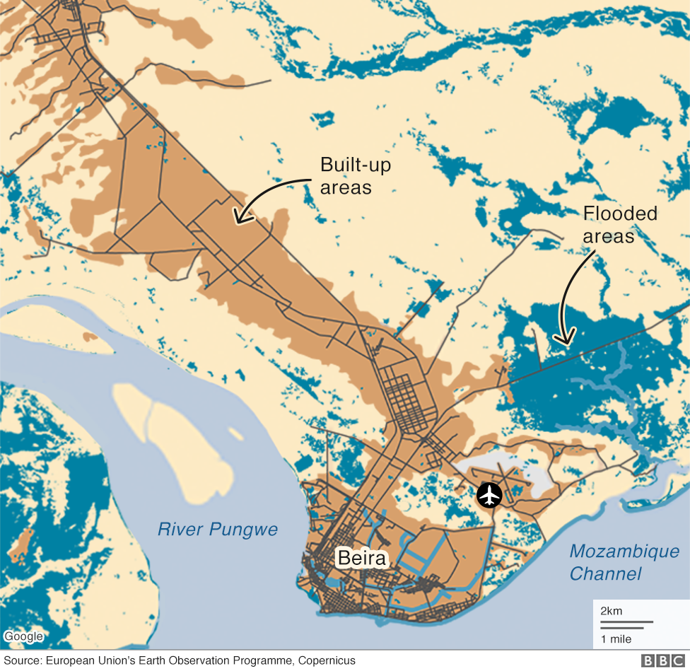 Map showing flooding around Beira