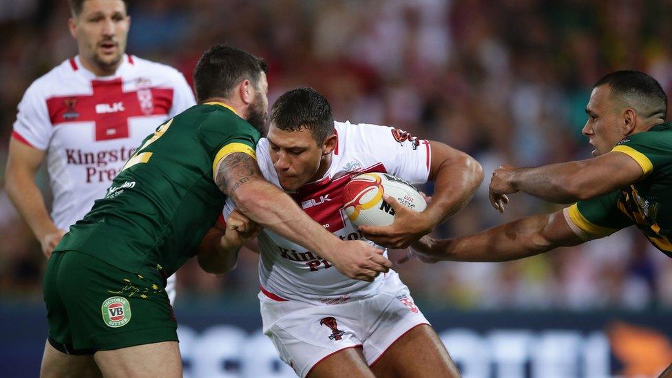 Ryan Hall of England is tackled during the 2017 Rugby League World Cup Final between the Australian Kangaroos and England at Suncorp Stadium on December 2, 2017 in Brisbane, Australia.