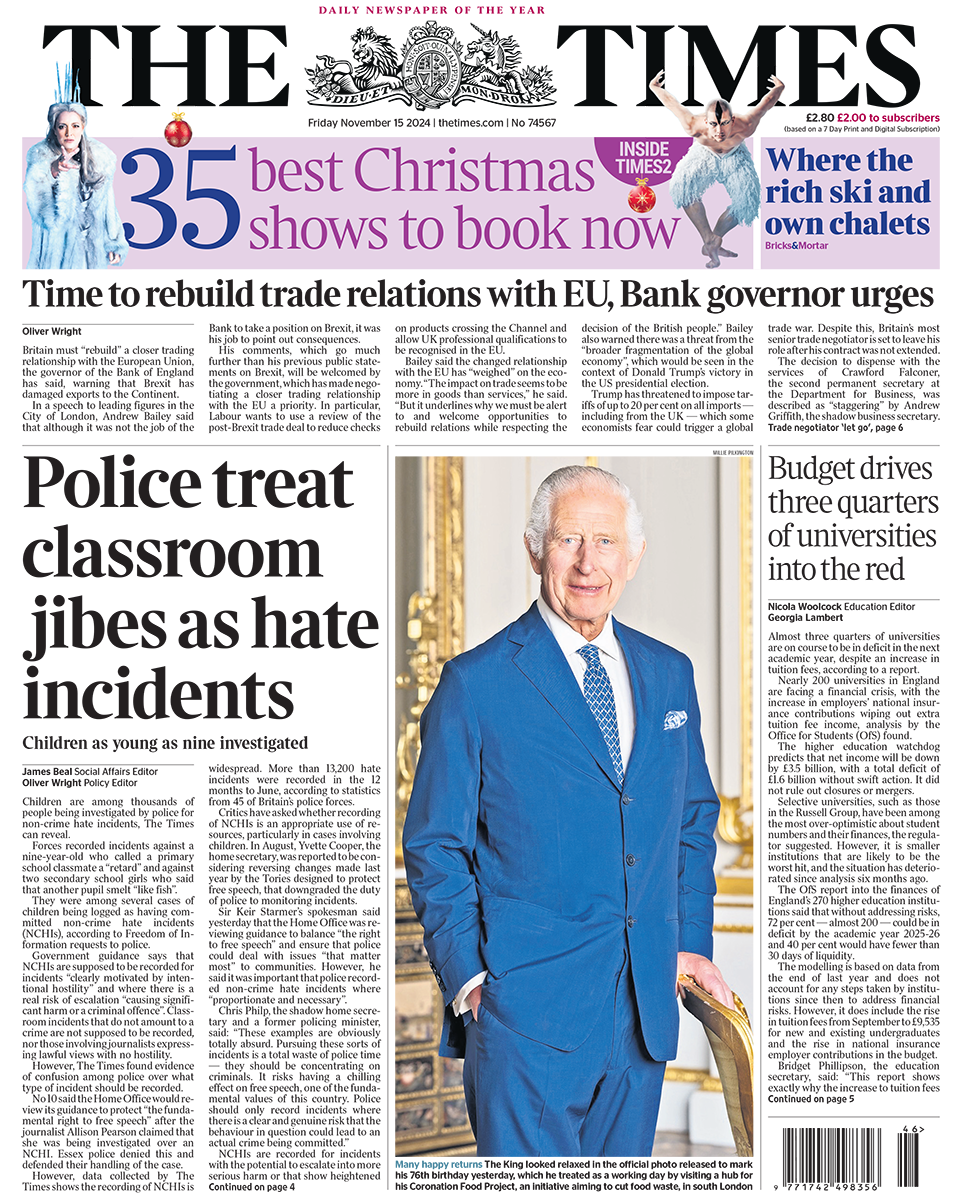 The headline in the Times reads: "Police treat classroom jibes as hate incidents". 