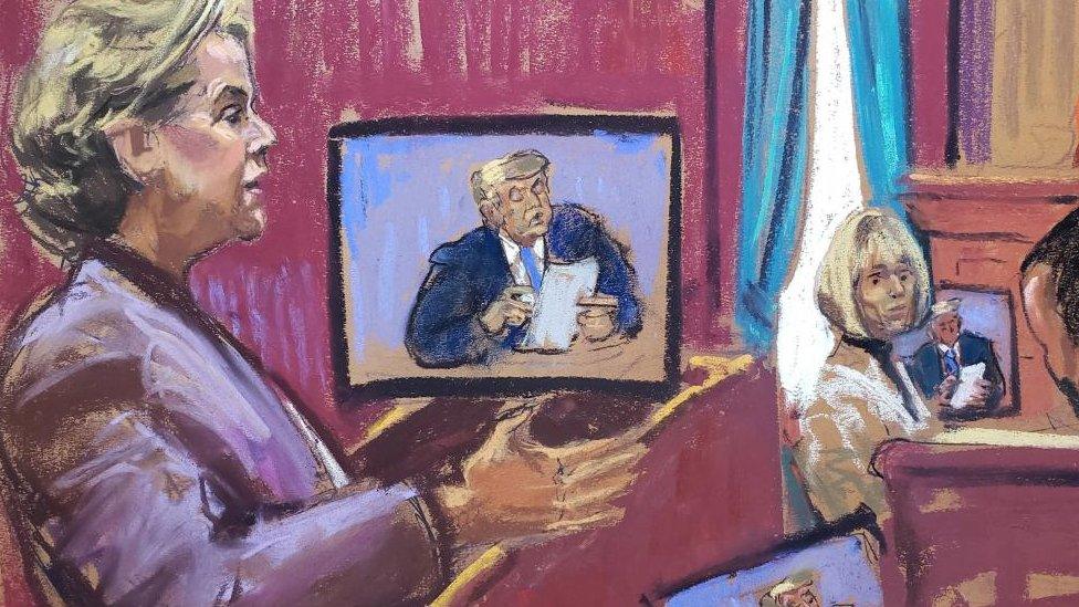 Roberta Kaplan, lawyer of former Elle magazine advice columnist E. Jean Carroll, makes closing arguments during a civil trial where Carroll accuses former U.S. president Donald Trump of raping her in a department store dressing room in the mid-1990s, and of defamation, in New York, U.S., May 8, 2023 in this courtroom sketch